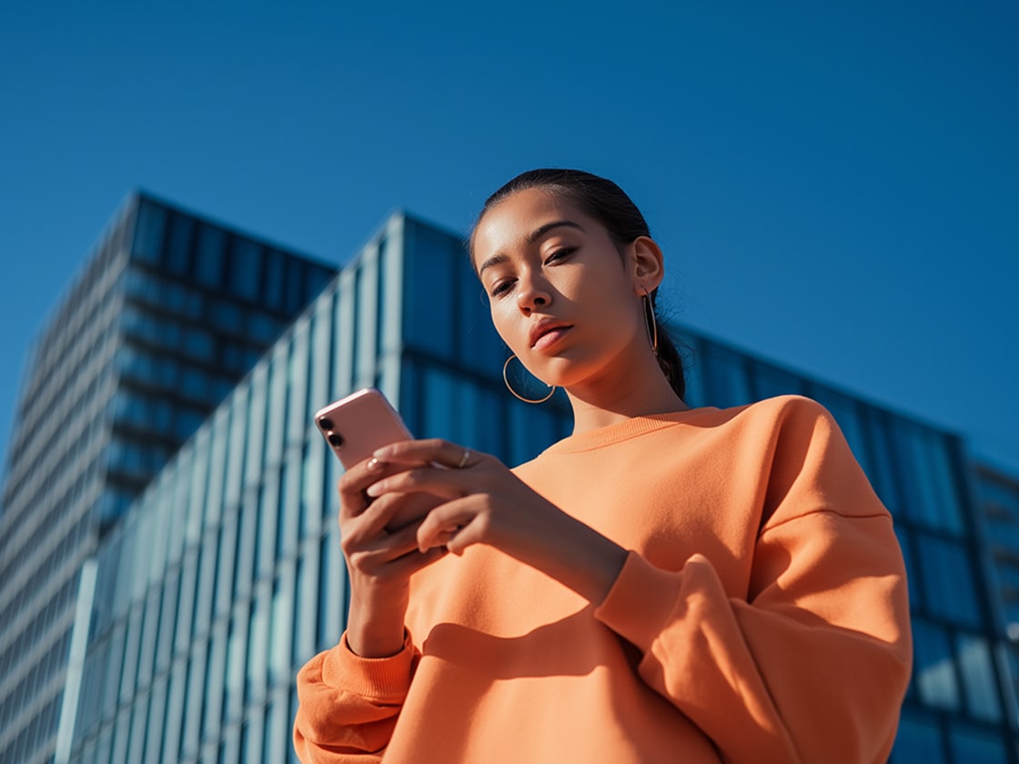 Fille tenant son smartphone et utilisant les fonctions à distance de SEAT Fille tenant son smartphone et utilisant les fonctions à distance de SEAT