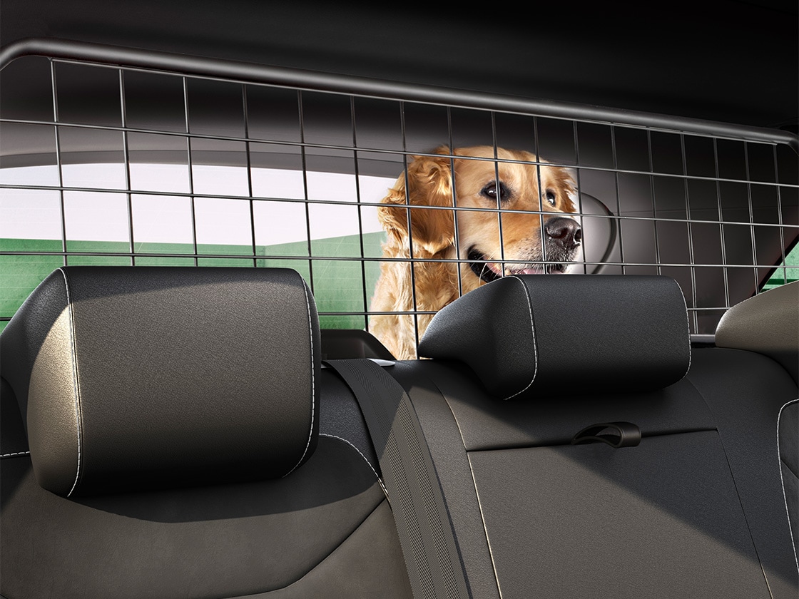 Un chien derrière la grille de séparation de la SEAT Ateca pour illustrer son fonctionnement.