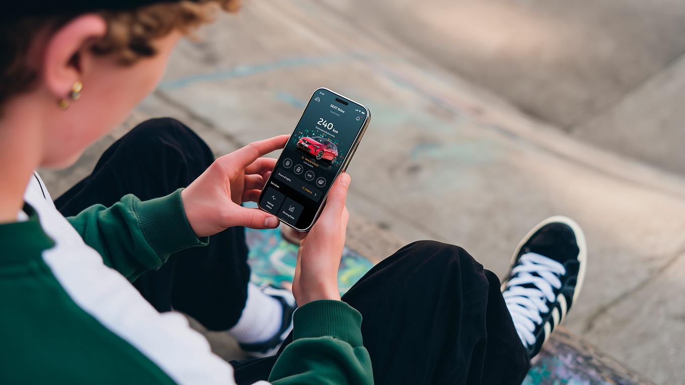 Personne tenant son smartphone et utilisant les fonctions à distance de SEAT Personne tenant son smartphone et utilisant les fonctions à distance de SEAT