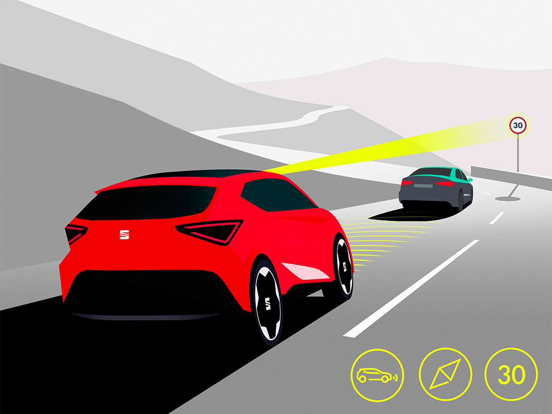 Illustration du régulateur de vitesse adaptatif de la SEAT Leon 5D.