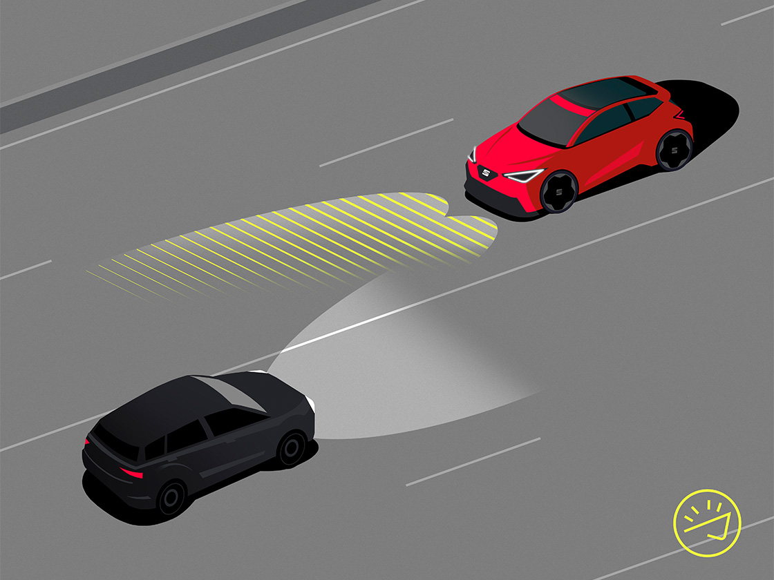 Illustration de la technologie High beam control de la SEAT Leon.