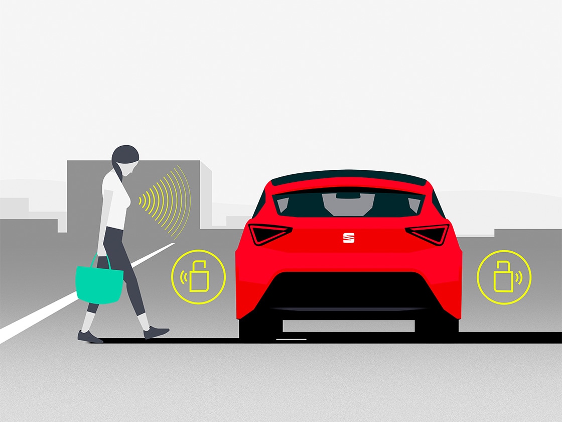 Illustration pour montrer comment fonctionne le système de verrouillage centralisé Kessy avec « SAFE ». Cette fonctionnalité est disponible sur la SEAT Leon 5D.