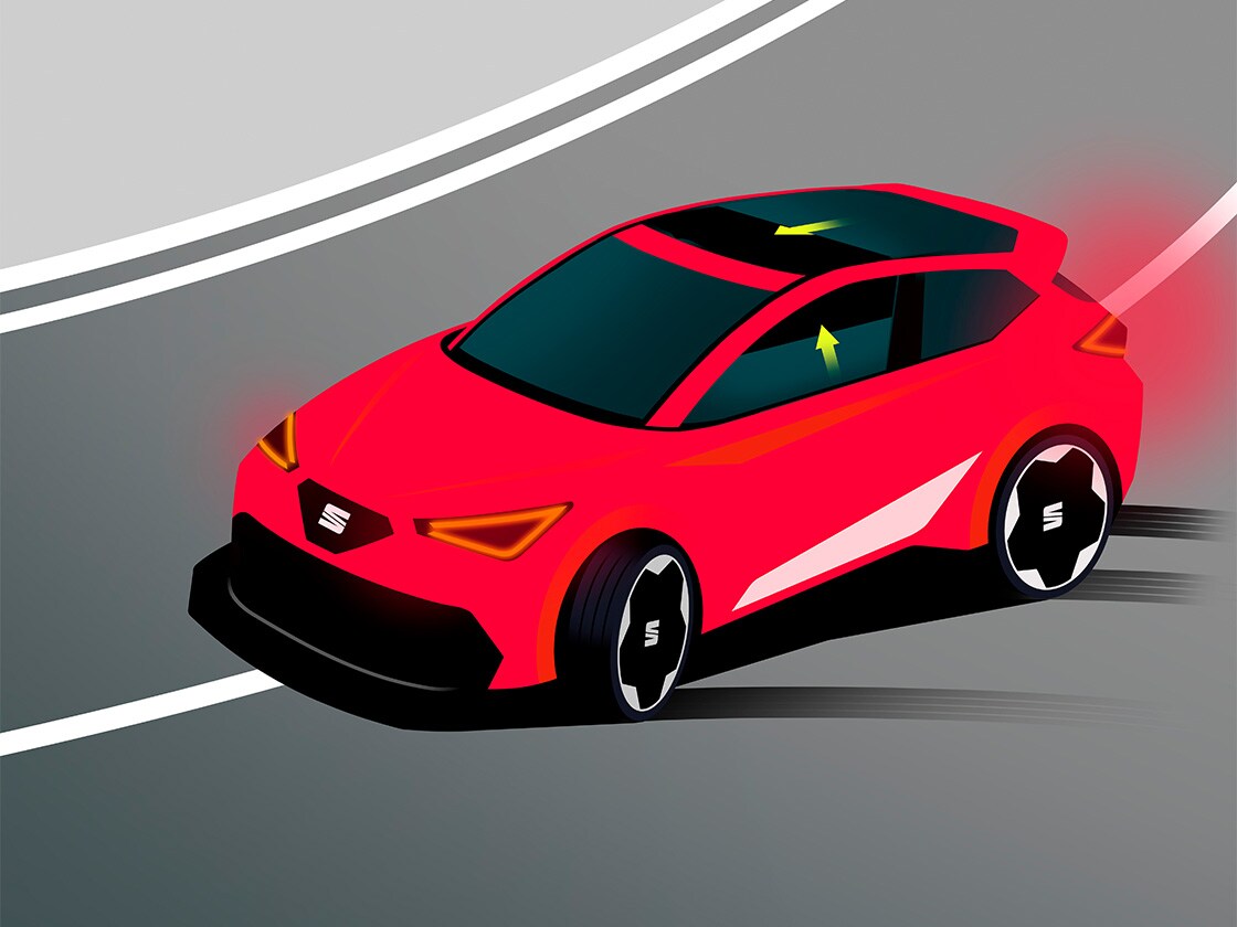 Visuel d'un véhicule orange déviant légèrement de sa trajectoire, illustrant comment le système préventif Pre-Crash vous assiste en cas de risque de collision.