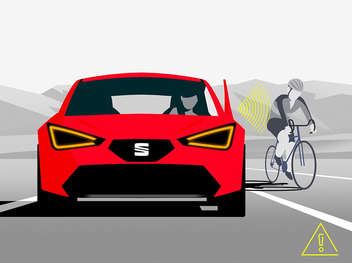 Illustration de side Assist et de Exit Assist sur la SEAT Leon 5D, alertant le conducteur des véhicules présents dans les angles morts.