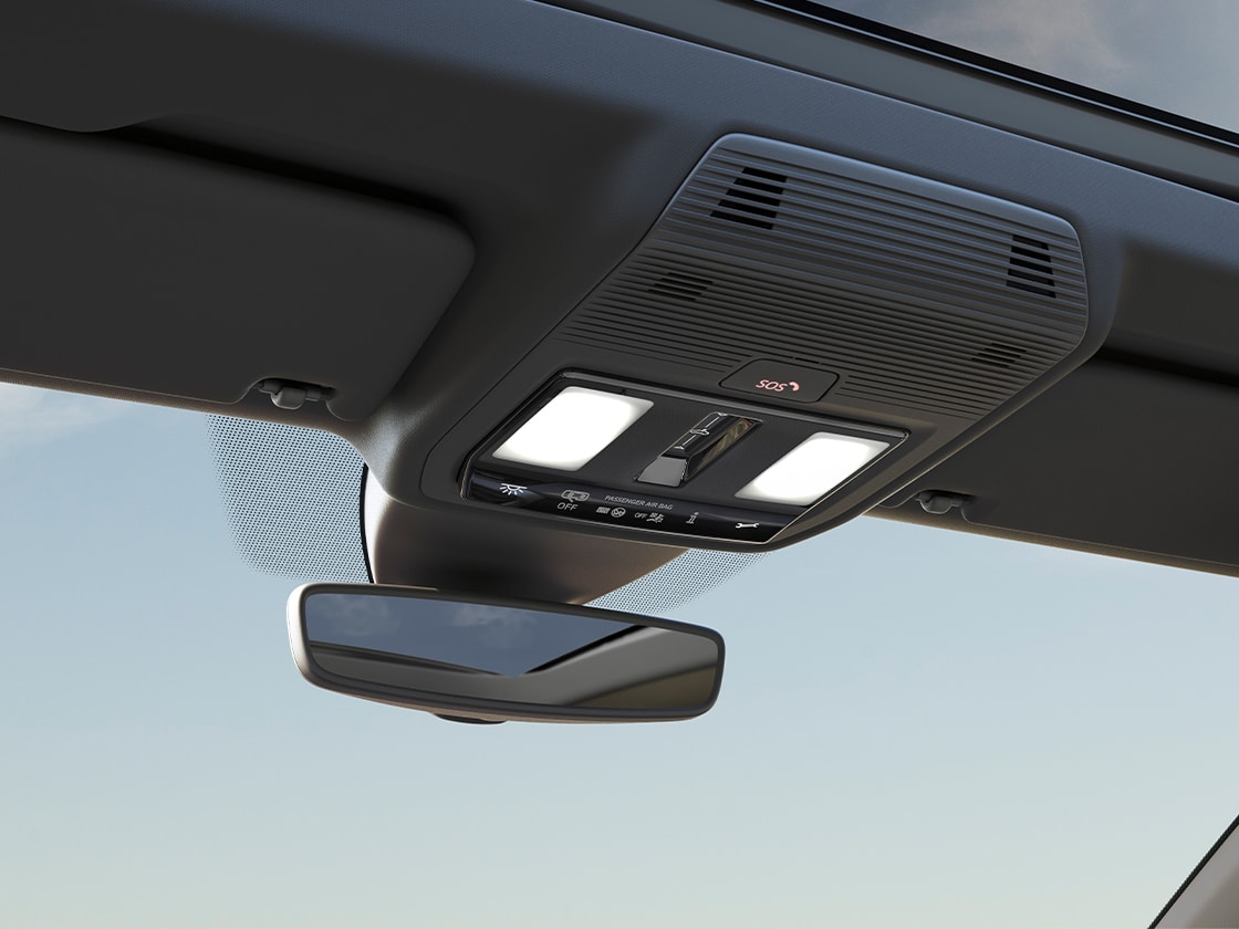 Détail des boutons SEAT Connect sur le plafonnier de la SEAT Leon 5D.