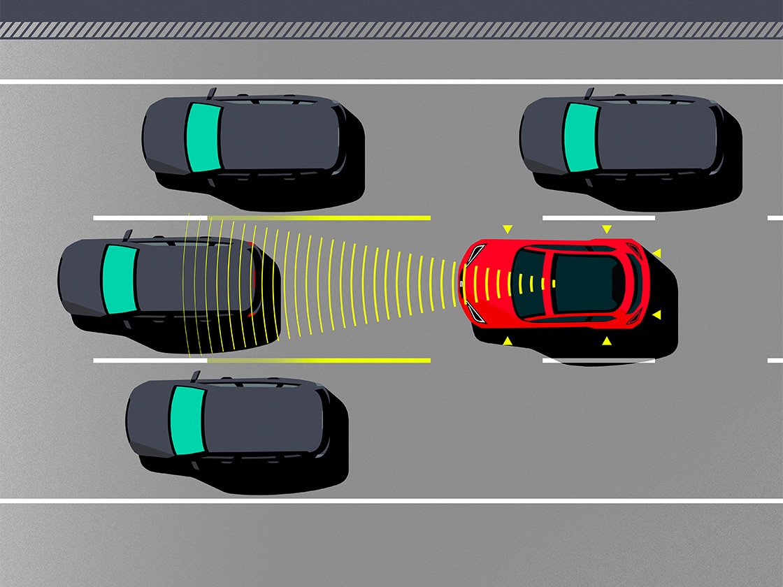 Illustration montrant le fonctionnement de Traffic Jam Assist. Cette fonctionnalité est disponible sur la SEAT Leon SP.