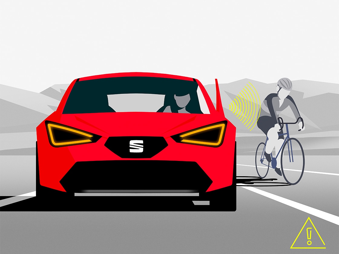 Illustration de side Assist et de Exit Assist sur la SEAT Leon SP, alertant le conducteur des véhicules présents dans les angles morts.