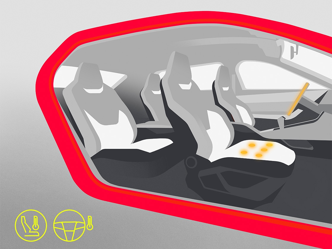 Illustration des sièges et du volant chauffants dans la SEAT Leon. Disponible pour la finition Sportstourer.