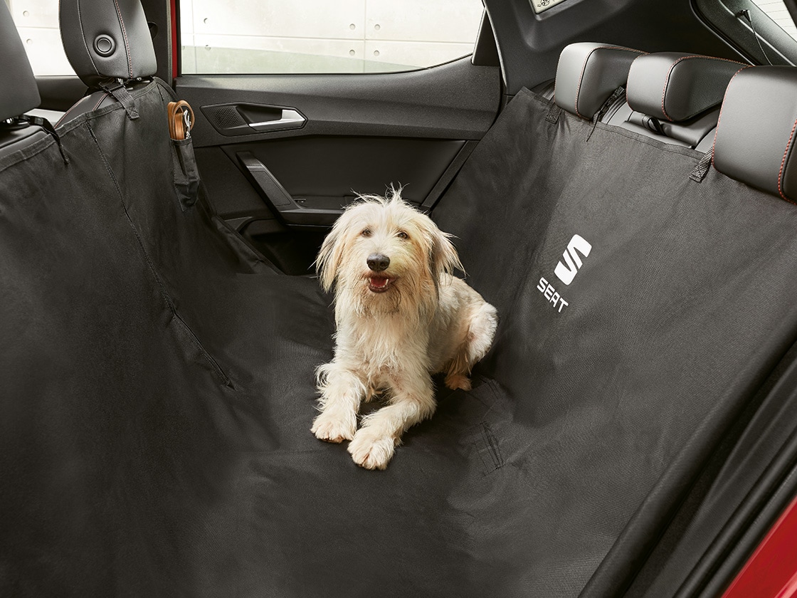 Chien assis confortablement sur une housse de protection à l’intérieur de la seat leon sportstourer.